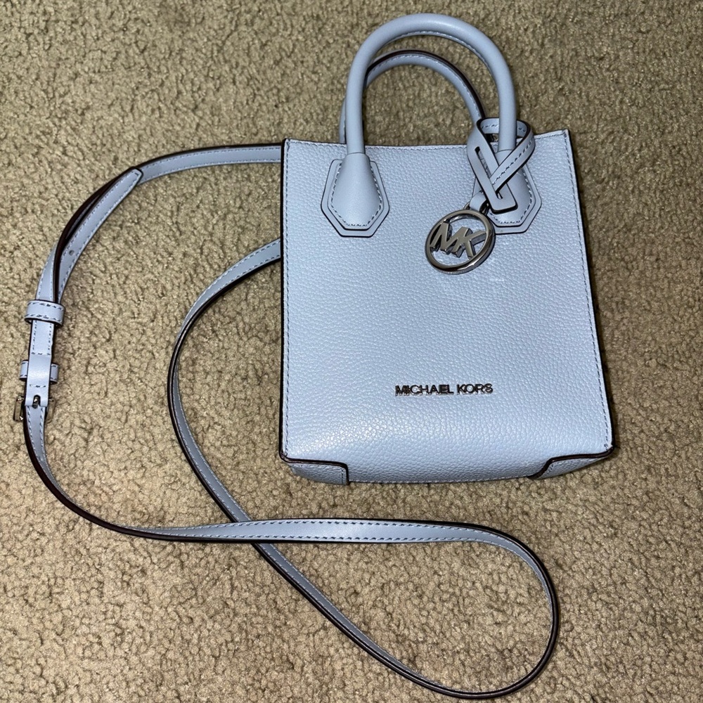 Michael Kors Mercer Extra-Small Logo and Leather Crossbody Bag - Light/Baby Blue